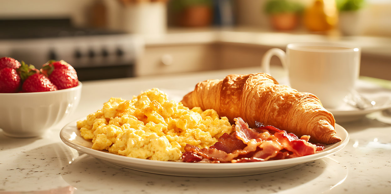 Delicious Breakfast Plate with Scrambled Eggs, Croissant, and Bacon Served with Fresh Strawberries